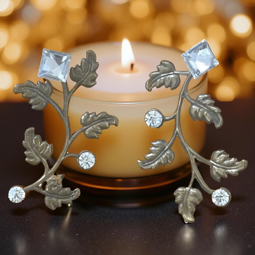 Vintage Brass Leaf Vine Earrings w/ Clear Swarovski Crystals